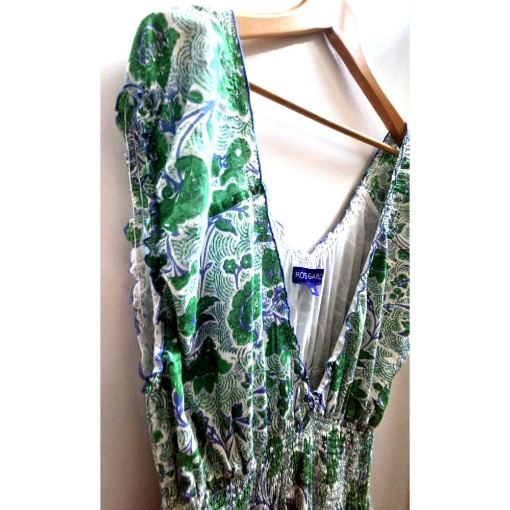 Anthropologie RO'S GARDEN XL Hilda Maxi Dress Green/White Smocked Waist Deep-V - Picture 6 of 10